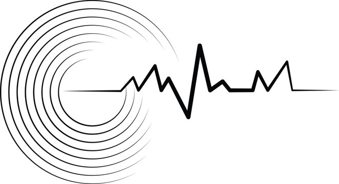 Earthquake seismic wave chart emerging from a large spiral concentric epicenter, black vector icon on a white background.