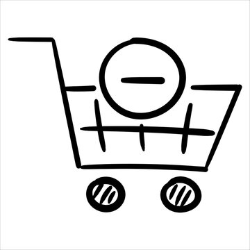 Hand-drawn shopping cart with a minus sign doodle style, perfect for web and app design.
