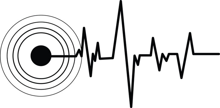 Earthquake epicenter concentric circle target with an extending seismic wave line graph, black vector icon on white background.