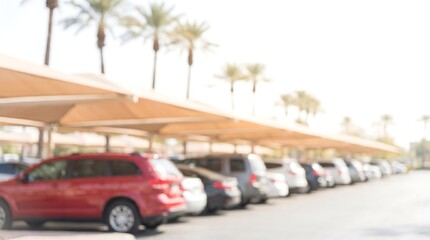 Obraz premium Blurred parking lot with rows of cars under shaded solar panel structures in sunny outdoor environment with palm trees in background at daytime