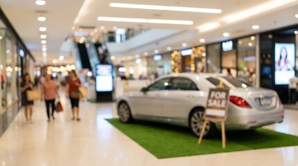 Obraz premium Silver sedan for sale displayed on green artificial turf inside modern shopping mall with people walking in background and blurred retail store environment
