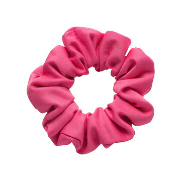 A vibrant pink fabric hair scrunchie with a soft, gathered texture, centered against a solid black background, isolated on a, transparent background