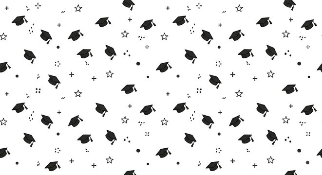 Seamless pattern background with black graduation caps and stars outline