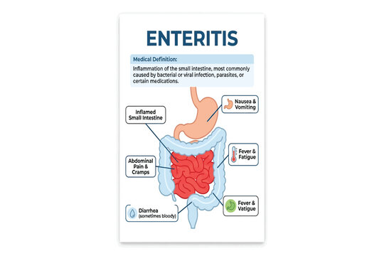 Medical illustration showing enteritis inflammation of small intestine with symptoms and causes.
