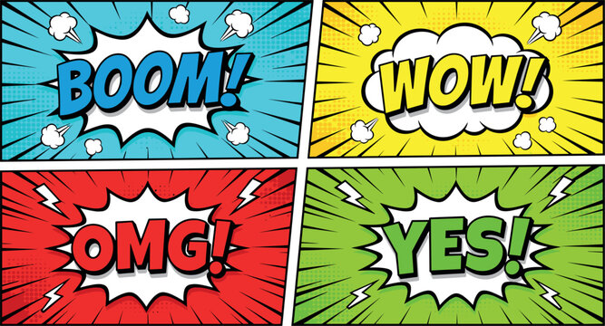 colorful comic book panels banners vector set featuring speech bubbles with text words boom wow omg and yes on halftone background
