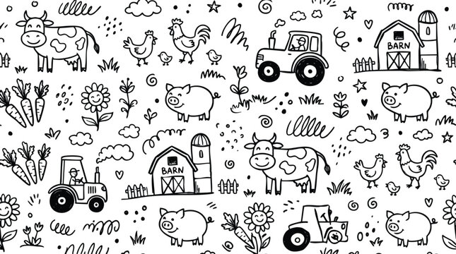 Charming hand-drawn farm life seamless pattern with cute animals and agricultural elements