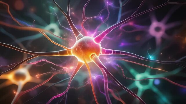 Firefly neuron connections glowing in vibrant colors illuminating the intricate dance of the brain