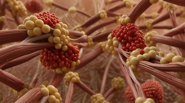 Firefly exploring detailed muscle fibers with colorful spheres in a dynamic biological animation