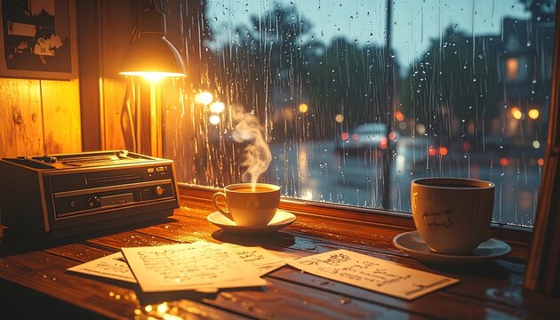 Nostalgic cafe corner with a vintage radio, steaming coffee and handwritten notes by a rainy window, retro lofi anime background