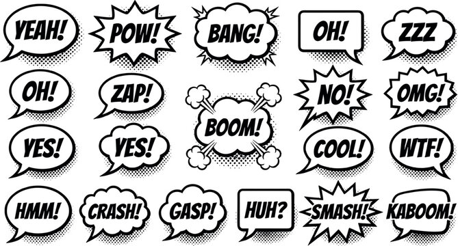 vintage black and white comic book speech bubbles vector set featuring halftone shadow textures and popular pop art expression text words