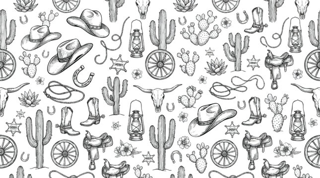 Detailed Hand-Drawn Wild West Seamless Pattern - Rustic Cowboy Elements for Textiles and Backgrounds