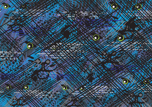 Dark textural background with lines and cat heads for prints and fabrics. Detailed backdrop in blue-gray tonality for fashion trends, business concepts, cover, interiors, tiles, dynamic posters, etc. 