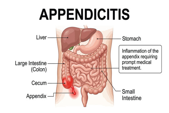 Appendicitis infographic showing inflamed appendix anatomy and digestive system organs.