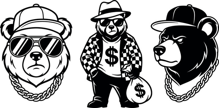 cool gangster bear and panda vector set wearing hip hop hats sunglasses gold chains and holding money bags for mascot logo designs