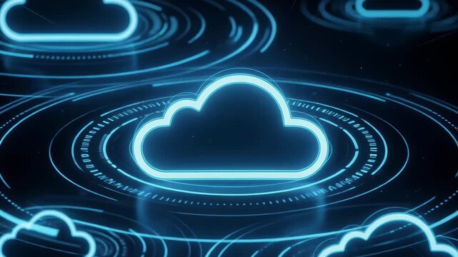 Glowing blue digital cloud icons floating and pulsing in a futuristic virtual space animation