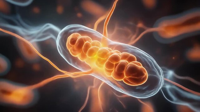 Explore the vibrant microscopic world inside a living cell focusing on dynamic mitochondria full of energy