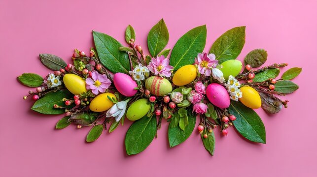 Vibrant arrangement of colorful ovals nestled among green foliage and delicate blossoms on a solid background