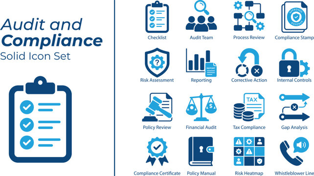 Audit and Compliance solid icon set. Includes Reporting, Financial Audit, Tax Compliance, Policy Review. Solid vector icons for financial audit.