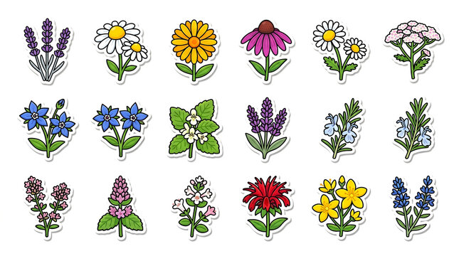 A clean, playful sticker-sheet style illustration of sixteen herb and medicinal flower icons arranged in a loose grid on a white background