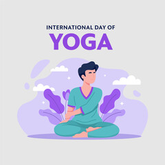 Obraz premium Young man practicing yoga in lotus position for international day of yoga with meditation wellness lifestyle mindfulness exercise relaxing spiritual practice wellbeing recreation serenity