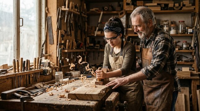 Senior craftsman mentoring a young woman in a traditional carpentry workshop.