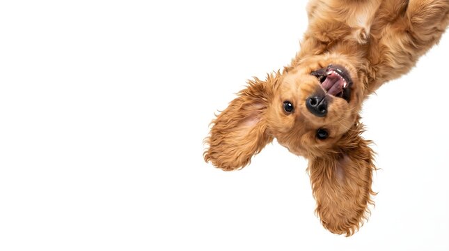 Playful Upside Down Cocker Spaniel Puppy on White Background