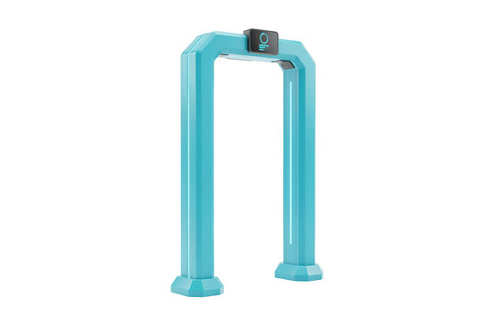 Cyan metal security gate archway for airport passenger screening and metal detection equipment isolated on a transparent background
