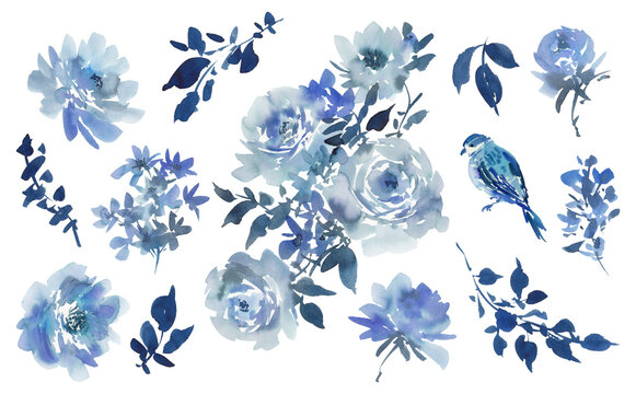 Watercolor floral PNG clipart set with abstract hand painted dusty blue roses, wild flowers and little bird for pattern, stationary, wedding invitation and surface design