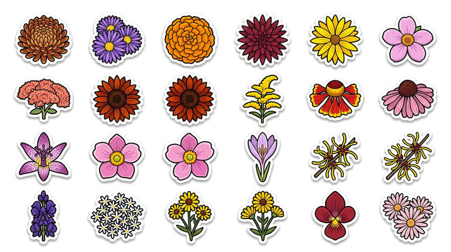 A clean, playful sticker-sheet style illustration of sixteen autumn and fall flower icons arranged in a loose grid on a white background