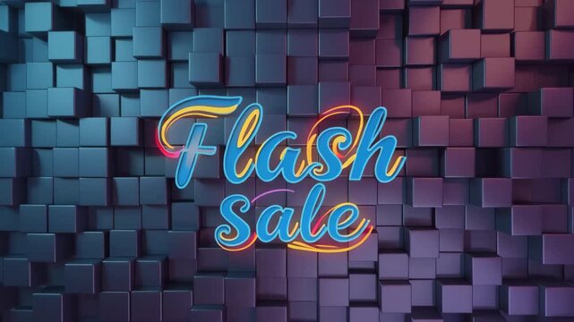 Flash sale neon text animation on a dark cubic background with vibrant lighting video
