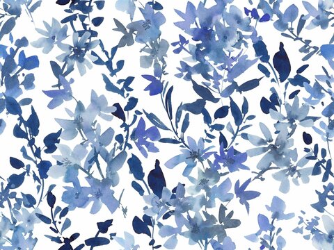 Watercolor indigo blue wild flowers seamless pattern for fabric, stationary and surface design