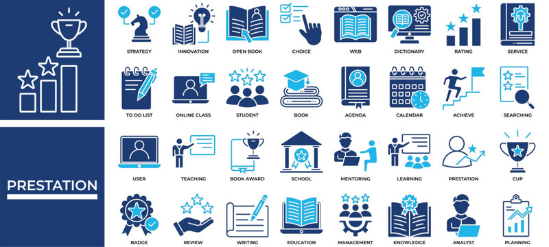 Prestation icon set collection. Containing achieve, teaching, review, searching, planning, survey, knowledge .Solid vector icons collection