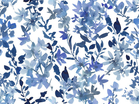 Watercolor blue wild flowers seamless pattern for fabric, gift wrapping and surface design