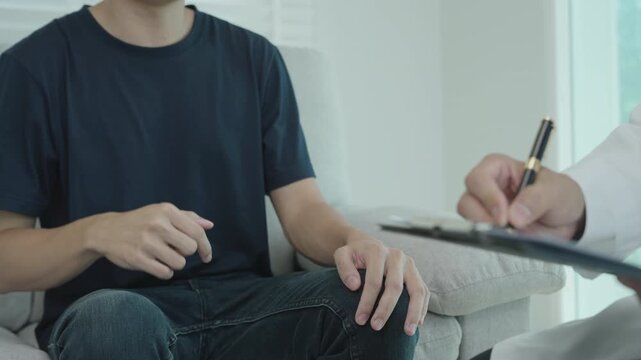 Man hold hand in front of private parts feeling discomfort and consult doctor. Venereal, testicular cancer. bladder problems, erectile dysfunction, premature ejaculation, prostate cancer