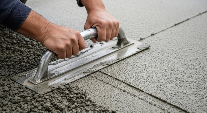 Construction worker using a steel hand float to smooth fresh wet concrete