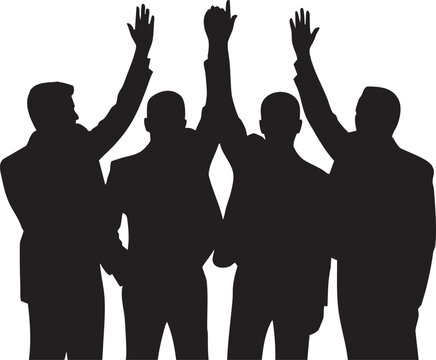 Silhouettes of four businesspeople celebrating achievement with raised hands in a professional environment.