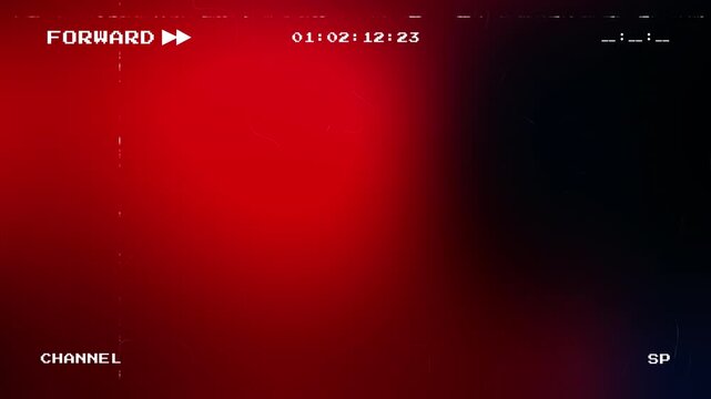 Retro VHS fast forward overlay with glitchy red and blue background and digital timecode for nostalgic analog video effect and vintage aesthetic motion graphics background