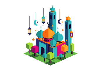 Fototapeta premium Colorful Isometric Mosque Illustration with Lanterns and Crescent Moons
