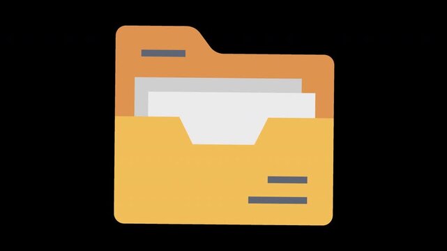 Yellow office file folder icon with document papers inside isolated on black background