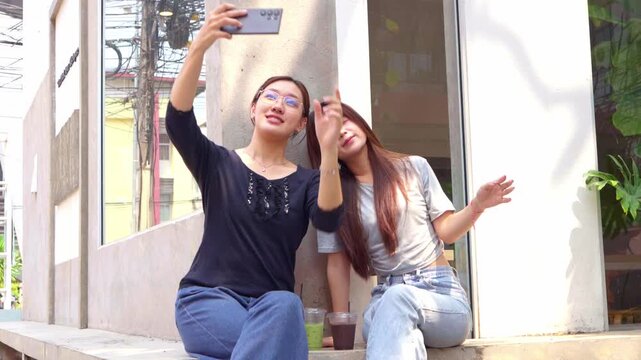 Two Asian girls taking selfie at outdoor cafe