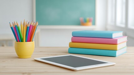 Fototapeta premium Colorful School Supplies and Tablet on a Wooden Table Against a Blurred Classroom Background with Chalkboard and Natural Light