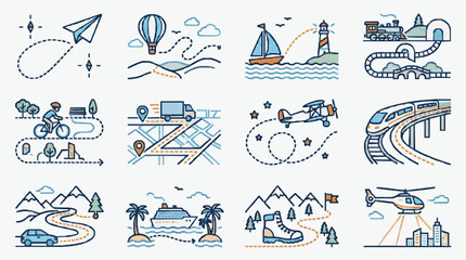 Collection of transportation and travel icons with dotted lines indicating routes. © Anak