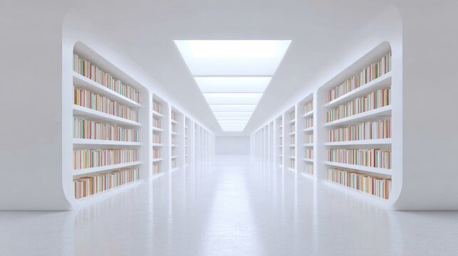 Modern minimalist library interior with bright white spaces and organized bookshelves creating a serene atmosphere for reading and studying