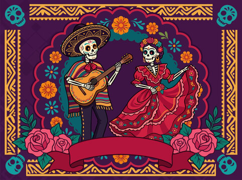Day of the Dead Mexican Illustration with Skeleton Couple, Mariachi Guitarist, Dancing Catrina, and Floral Frame Background for Dia de los Muertos Celebration