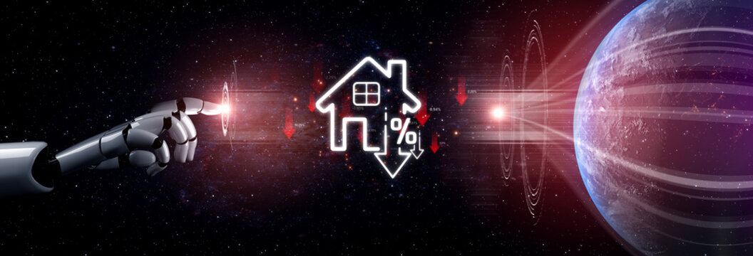 Futuristic Digital Concept of Real Estate Motifs with Robot Hand Interacting with House Icon and Percentage Decrease Symbol in Cosmic Background Sigmoid