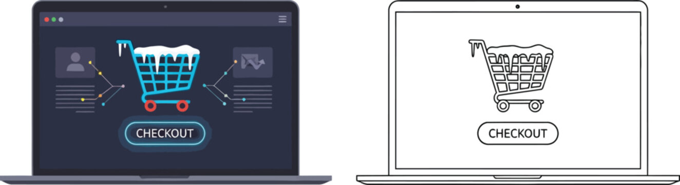 Winter holiday shopping concept displayed on a laptop screen featuring a snow-covered shopping cart and checkout button for e-commerce promotions