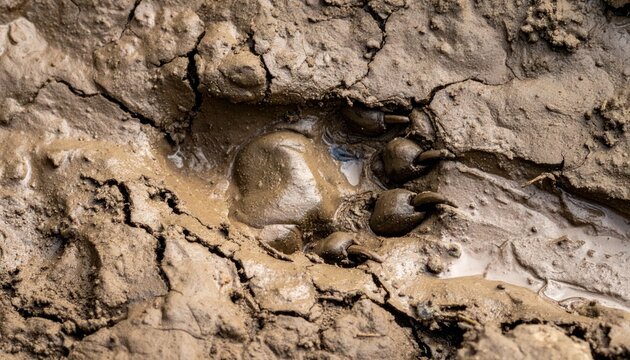 Fresh Animal Paw Print Impressed in Wet Mud on Rough Ground