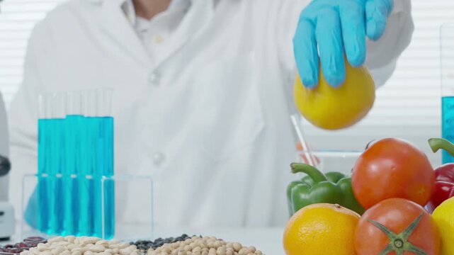 Scientist check chemical food residues, Swab for check chemical, Control experts inspect quality of vegetables. lab, hazards, ROHs, find prohibited substances, contaminate, Microscope, Microbiologist