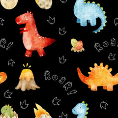 Seamless watercolor dinosaur pattern with volcanoes, eggs, footprints and roar lettering. Repeating design suitable for fabric, pajamas, bedding, nursery textiles, wrapping paper and party supplies. © Evgeniia