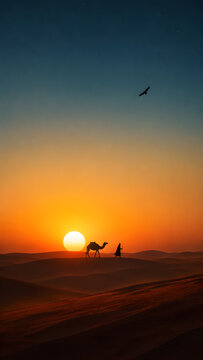 A traveler leads a camel in the middle of the desert in the afternoon before sunset